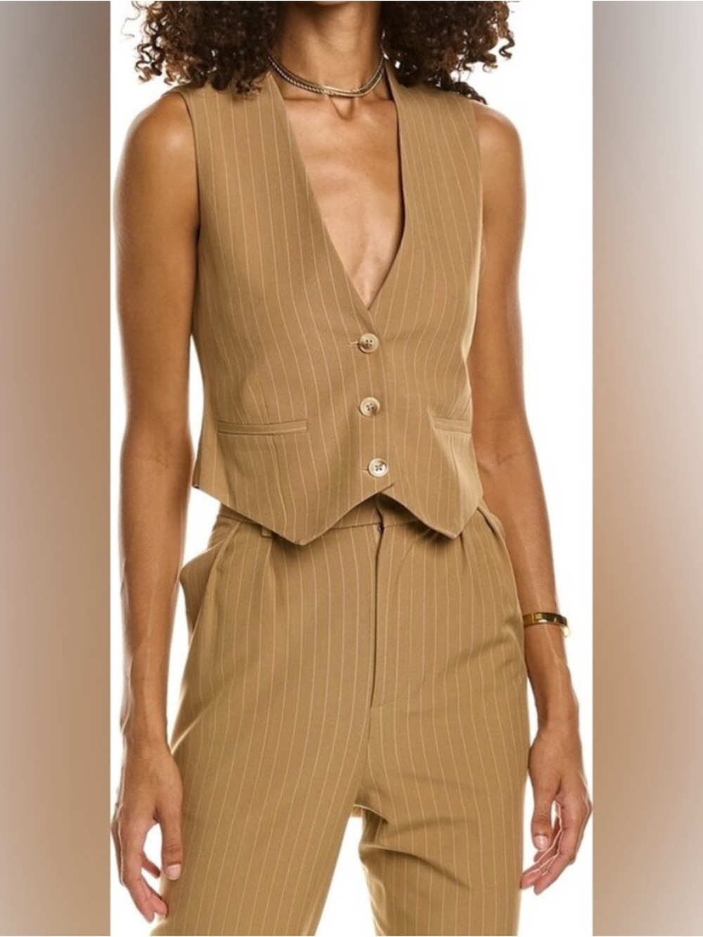 Ronny Kobo Collection Taupe Pinstripe Wide-Leg Pants & Vest